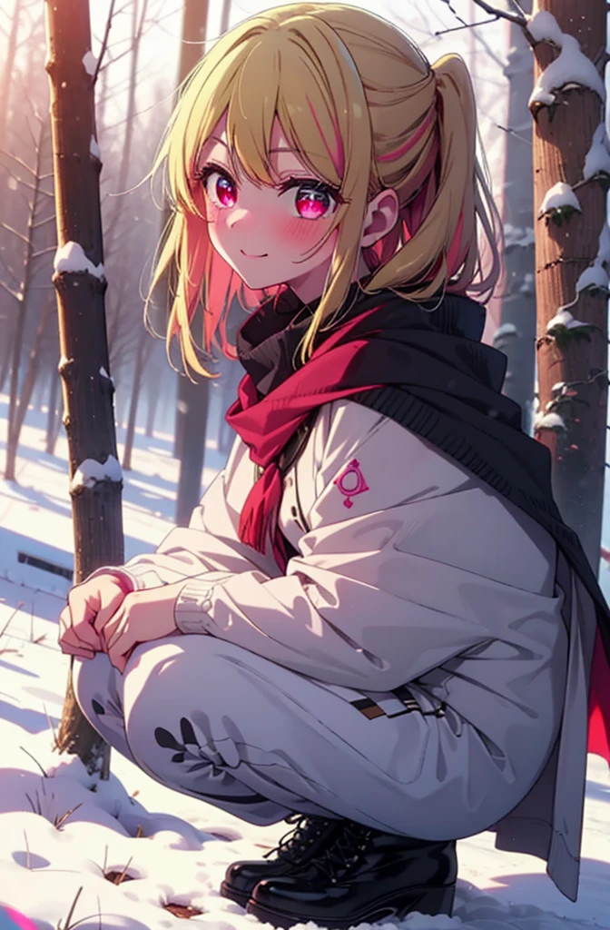 rubyhoshino, Hoshino Ruby, Long Hair, bangs, Blonde, (Pink Eyes:1.3), Side Lock, (Symbol-shaped pupil:1.5), Multicolored Hair, Two-tone hair, smile,,smile,blush,White Breath,
Open your mouth,snow,Ground bonfire, Outdoor, boots, snowing, From the side, wood, suitcase, Cape, Blurred, , forest, White handbag, nature, Squat, Mouth closed, Cape, winter, Written boundary depth, Black shoes, red Cape break looking at viewer, Upper Body, whole body, break Outdoor, forest, nature, break (masterpiece:1.2), Highest quality, High resolution, unity 8k wallpaper, (shape:0.8), (Beautiful and beautiful eyes:1.6), Highly detailed face, Perfect lighting, Highly detailed CG, (Perfect hands, Perfect Anatomy),