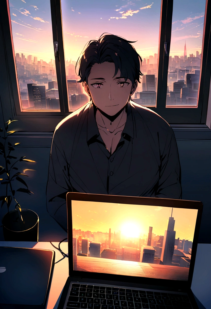 a man anime an senior software developer hard work from home, next to him is a laptop, behind him is a window overlooking the city, there is sunlight, Soft lighting and Warm, sunrise, morning