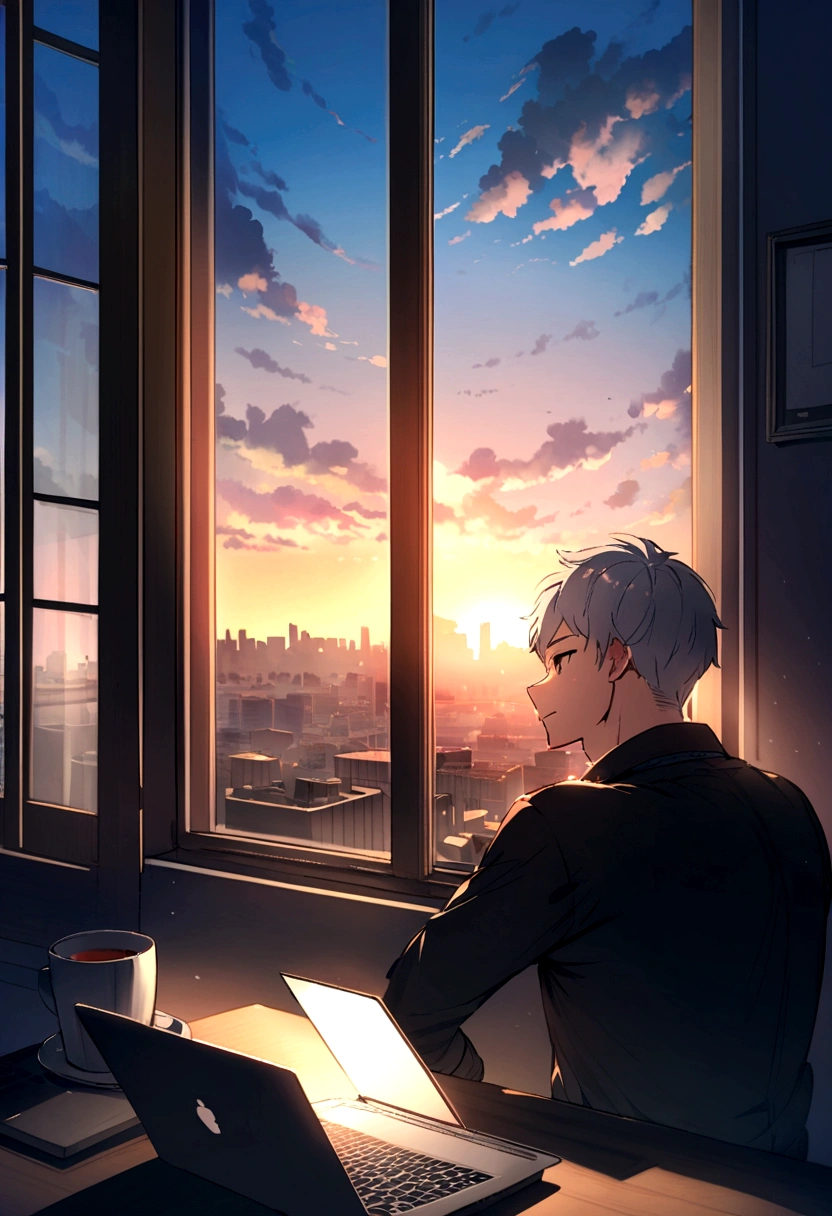 a man anime an senior software developer hard work from home, next to him is a laptop, behind him is a window overlooking the city, there is sunlight, Soft lighting and Warm, sunrise, morning