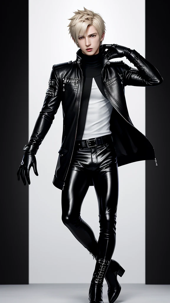 Final fantasy taste and reality graphics, Japanese young cute and cool ikemen boy, his age is early 20s, thin eyebrows and beady eyes, he wearing off white color leather thick singlebrest biker jacket, with epaulet, jacket front is zipped up, jacket is biker style, , jacket collar is high length stand-up collar with belts, jacket is a little black line pattern,close the front of the jacket, also wearing black thick turtleneck lackluster shirts, tight black leather pants, shiny black leather tight and thin glove, black leather knee-high raceup boots,must views head-to-toe,must views whole body, boy looks like fashion model,Do not show skin from the neck down,leather jacket leather glove and leather pants have few wrinkles,boy in the room,