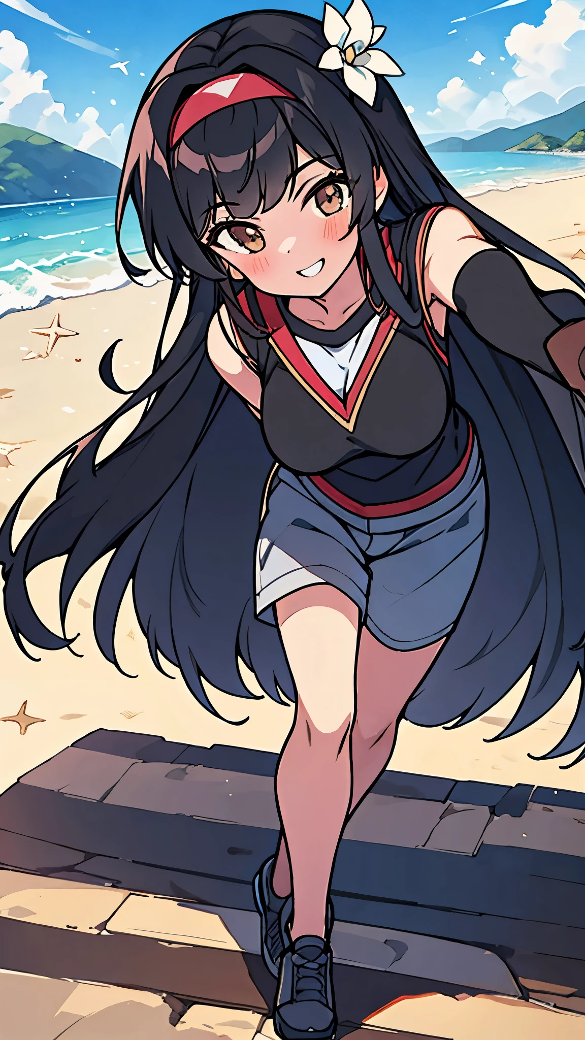 Elena Mori, 17 years old, teenage girl, long black hair, dark brown eyes, 165 cm (5'5") tall, slim yet athletic build, wearing Kuoh Academy , smile, beautiful, sexy, background on the beach in the morning.