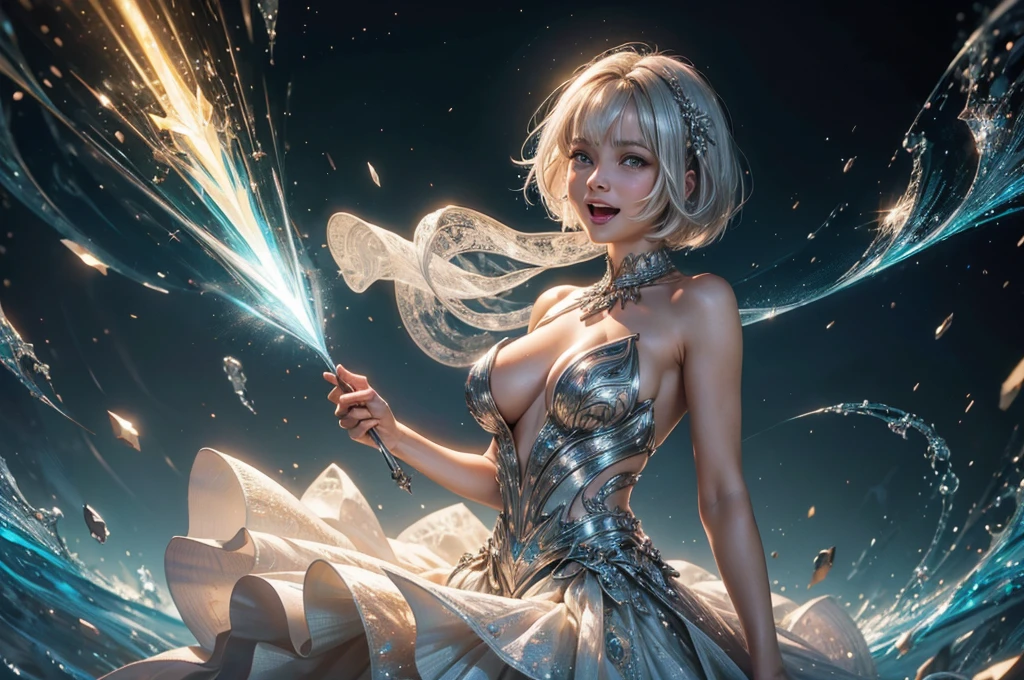 official art, best quality, ultra-detailed, high resolution, unity 8k wallpaper, extremely detailed CG, white skin, short hair, bob cut hair, silver hair, ahoge, shiny hair, shiny skin green eyes, beautiful eyes, medium breasts, ight particles, light sparkles, lens flare, Light particles, Magic light, strong light, gorgeous dress, Princess Dresses, loud laughter, A young lady mocks those of low status