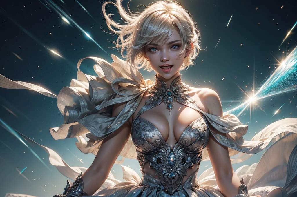 official art, best quality, ultra-detailed, high resolution, unity 8k wallpaper, extremely detailed CG, white skin, short hair, bob cut hair, silver hair, ahoge, shiny hair, shiny skin green eyes, beautiful eyes, medium breasts, ight particles, light sparkles, lens flare, Light particles, Magic light, strong light, gorgeous dress, Princess Dresses, loud laughter, A young lady mocks those of low status