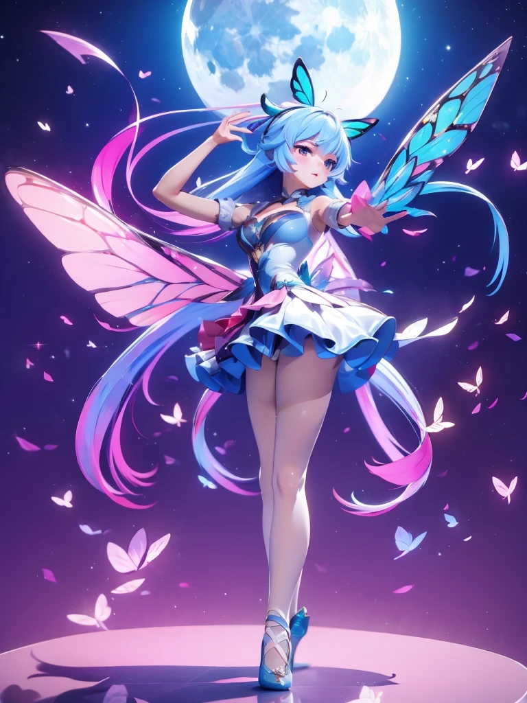 Seizo Watase style, Simple Line Initialism,Abstract art, 3d character, colorful hearts ,(((The most beautiful girl of all time))), (full body 1.2), only girl, long hair, bufferfly and sky background, 25 year old, full body, (((8k))), (((3d)), blue and pink hair, Large butterfly wings on the back, moon, ballet dance