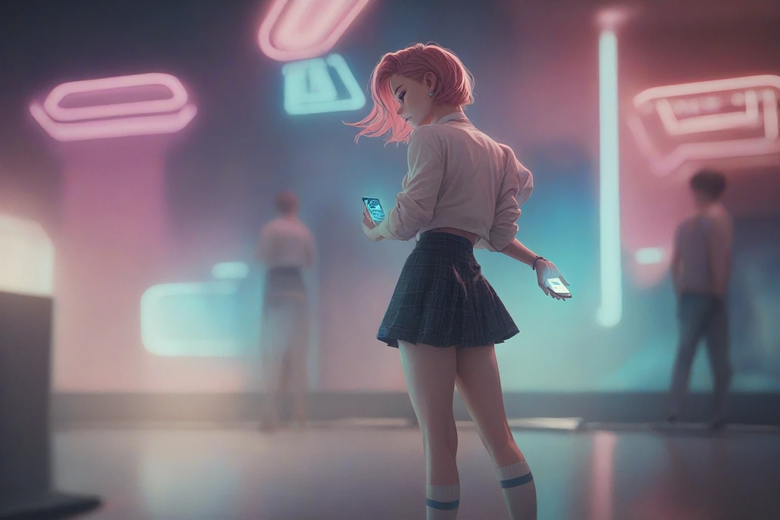 Girl in a skirt, in neon space, 3D wallpaper 4K for phone.