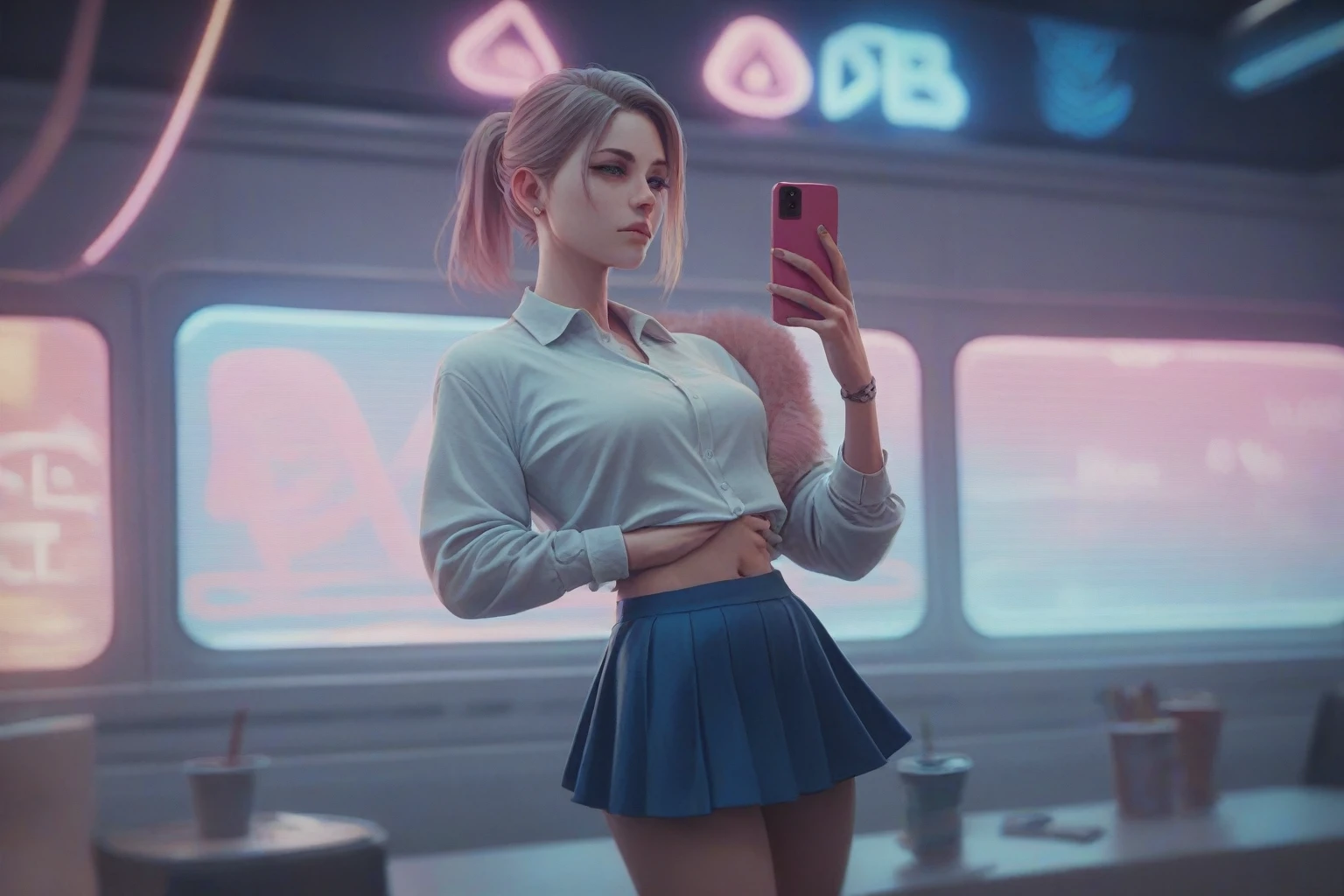 Girl in a skirt, in neon space, 3D wallpaper 4K for phone.