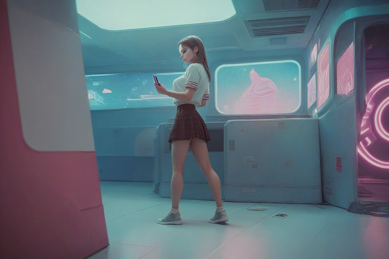 Girl in a skirt, in neon space, 3D wallpaper 4K for phone.