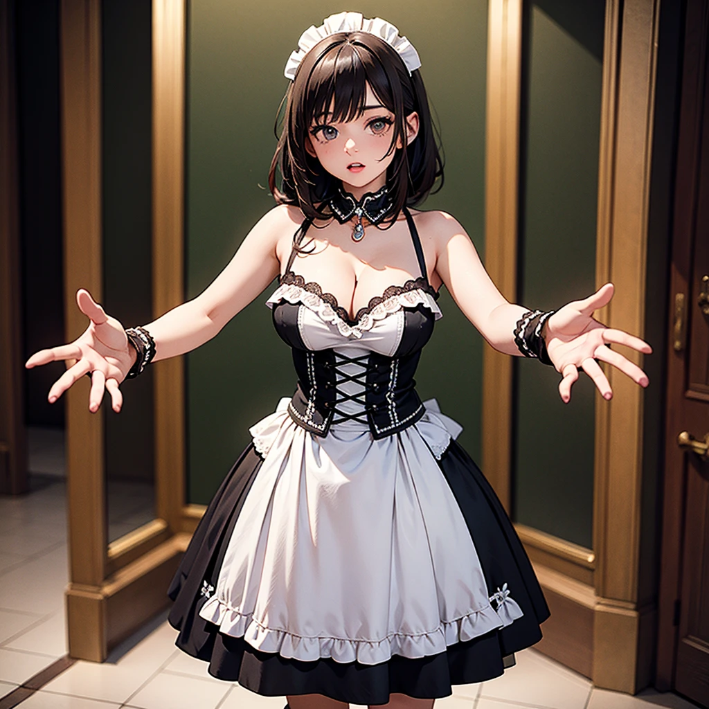 ((best quality)), ((masterpiece)), (detailed),  , high quality, best quality, masterpiece, (Very detailed:1.2), (Extremely detailed:1.3),, Bare shoulders, ，Cleavage, ，Maid costume，Open hands，character setting，full-body shot，