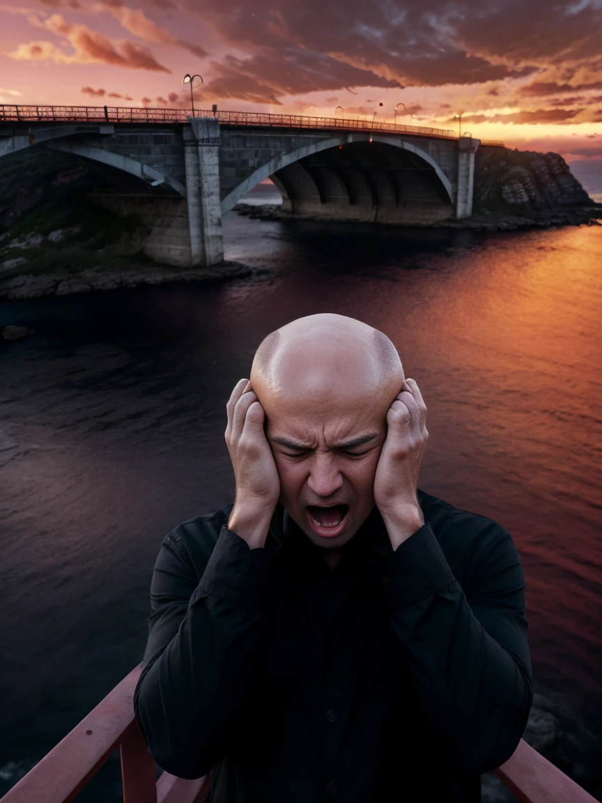 (8K, photo, ultra realistic photo), 1 man, bald, dressed all in black, (both hands covering ears:1.5), (screaming:1.5), (eyes opened: 1.5), terrified, on a bridge over the sea, in-depth view of the bridge, (under a red sky:1.5). background: two shadows in the distance, staggering against the railing of a bridge, bridge overlooking the sea roiling as if in spasm, dark blue mountains contrasting with the fiery red sky
