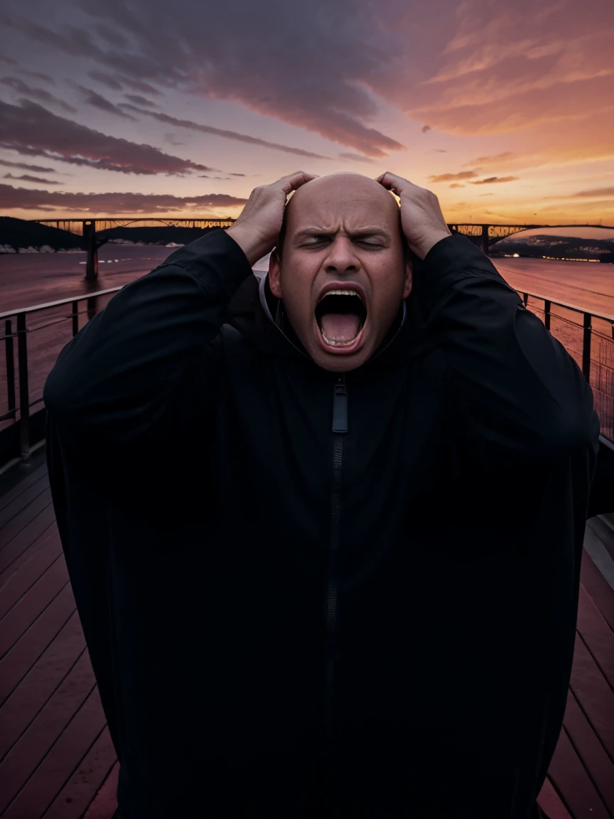 (8K, photo, ultra realistic photo), 1 man, bald, dressed all in black, (both hands covering ears:1.5), (screaming:1.5), (eyes opened: 1.5), terrified, on a bridge over the sea, in-depth view of the bridge, (under a red sky:1.5). background: two shadows in the distance, staggering against the railing of a bridge, bridge overlooking the sea roiling as if in spasm, dark blue mountains contrasting with the fiery red sky
