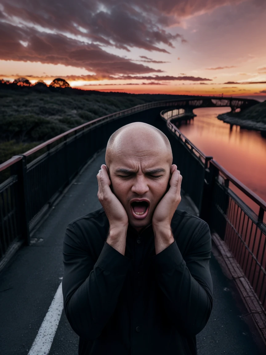 (8K, photo, ultra realistic photo), 1 man, bald, dressed all in black, (both hands covering ears:1.5), (screaming:1.5), (eyes opened: 1.5), terrified, on a bridge over the sea, in-depth view of the bridge, (under a red sky:1.5). background: two shadows in the distance, staggering against the railing of a bridge, bridge overlooking the sea roiling as if in spasm, dark blue mountains contrasting with the fiery red sky