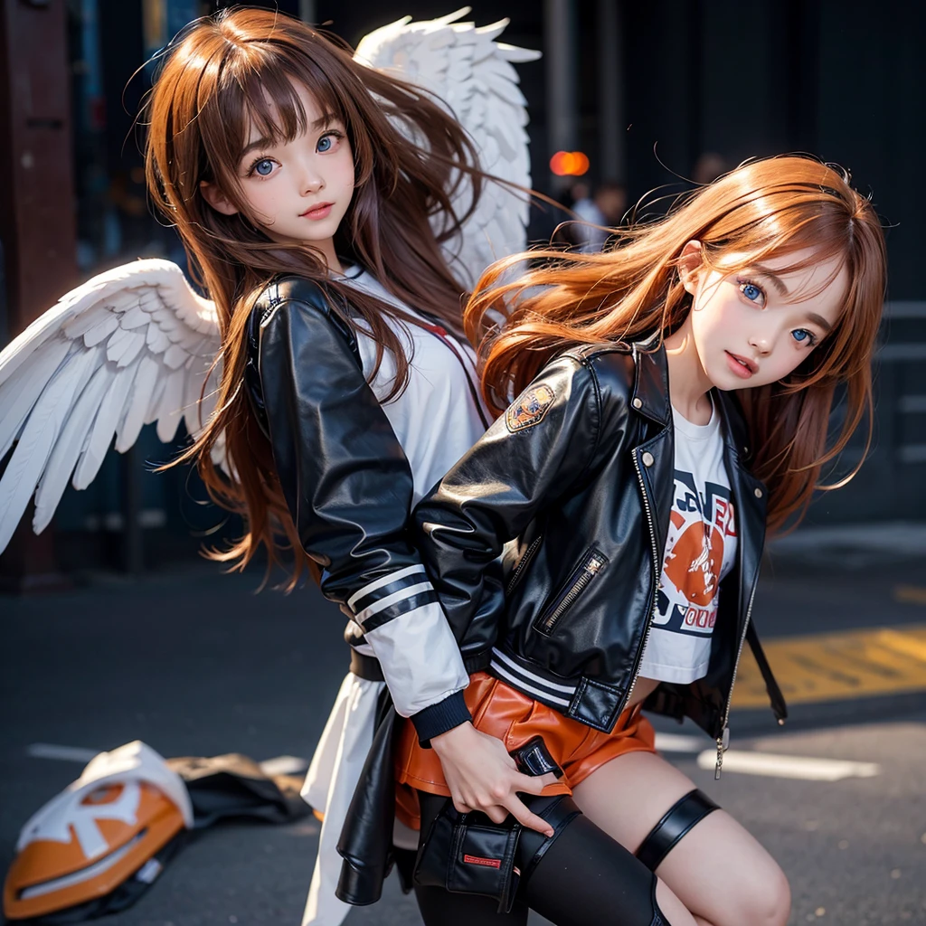 Elementary school girl，smile，Best Quality，model，8K，Highest quality，cute，fluffy，Angel，Long Hair，She has her bangs down，double eyelid，leather jacket，blue eyes，美しいcute女の子，Horny girl，Red leather shorts，Orange hair color，Hands in pockets，Two Girls，Latest Fashion，Girl，**** girl，