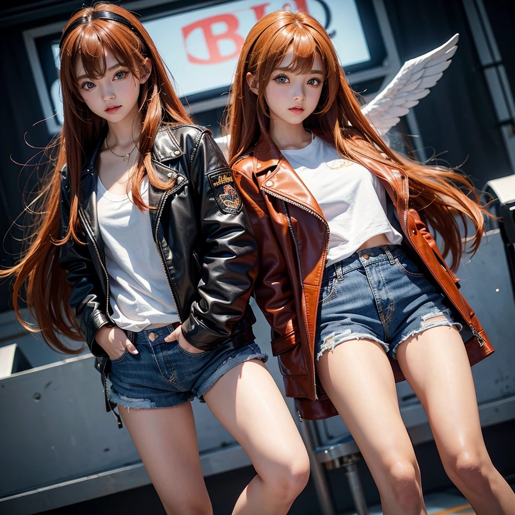 Elementary school girl，smile，Best Quality，model，8K，Highest quality，cute，fluffy，Angel，Long Hair，She has her bangs down，double eyelid，leather jacket，blue eyes，美しいcute女の子，Horny girl，Red leather shorts，Orange hair color，Hands in pockets，Two Girls，Latest Fashion，Girl，Loli girl，