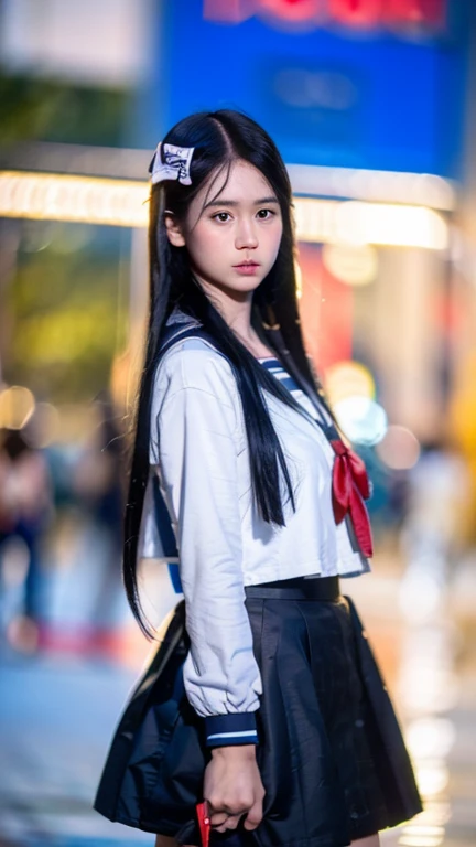 masterpiece, best quality, ultra high res, (photorealistic:1.4), 1girl, the girl wearing black sailor uniform, night, shibuya109 background, storefront, cinematic lighting, 80s filter, detailed face , looking at viewer, front view, cowboy shot, chromatic abberation, rule of third, photography, raw photo