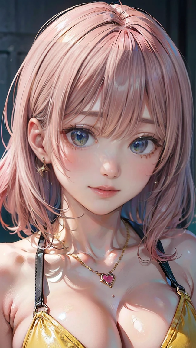(Masterpiece, BestQuality:1.3), (ultra detailed:1.2), (hyperrealistic:1.3), (RAW photo:1.2), High detail RAW color photo, professional photograph, (Photorealistic:1.4), (realistic:1.4), (Pink Hair:1.5), professional lighting, perfect anatomy, (Big Breasts:1.2), (blush, detailed face), (A happy smile:1.2), Trending Hair&Trending Hairカラーをランダムに, earrings, necklace, bracelet, sexly, erotic sexly, Random sexy gravure poses, (A woman in a yellow bikini、砂浜に寝そべりながらA happy smileでセクシーなポーズをとっている。Pink Hairのロングヘアが広がっている。:1.3)