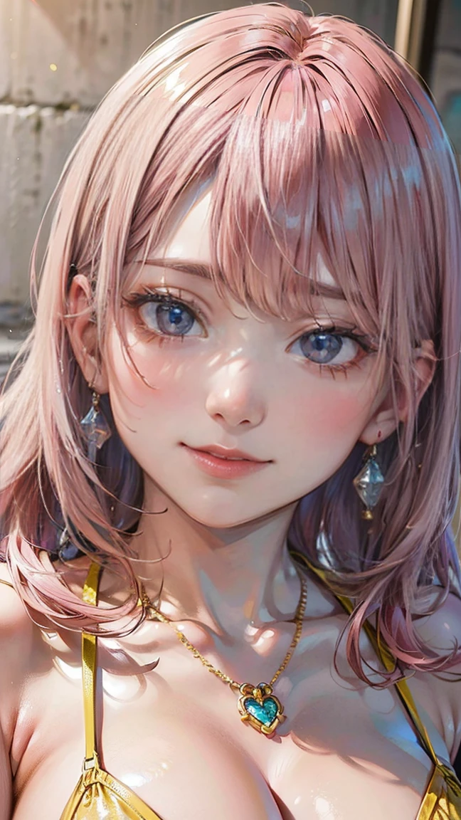 (Masterpiece, BestQuality:1.3), (ultra detailed:1.2), (hyperrealistic:1.3), (RAW photo:1.2), High detail RAW color photo, professional photograph, (Photorealistic:1.4), (realistic:1.4), (Pink Hair:1.5), professional lighting, perfect anatomy, (Big Breasts:1.2), (blush, detailed face), (A happy smile:1.2), Trending Hair&Trending Hairカラーをランダムに, earrings, necklace, bracelet, sexly, erotic sexly, Random sexy gravure poses, (A woman in a yellow bikini、砂浜に寝そべりながらA happy smileでセクシーなポーズをとっている。Pink Hairのロングヘアが広がっている。:1.3)