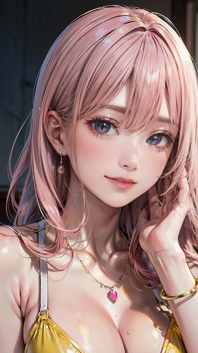 (Masterpiece, BestQuality:1.3), (ultra detailed:1.2), (hyperrealistic:1.3), (RAW photo:1.2), High detail RAW color photo, professional photograph, (Photorealistic:1.4), (realistic:1.4), (Pink Hair:1.5), professional lighting, perfect anatomy, (Big Breasts:1.2), (blush, detailed face), (A happy smile:1.2), Trending Hair&Trending Hairカラーをランダムに, earrings, necklace, bracelet, sexly, erotic sexly, Random sexy gravure poses, (A woman in a yellow bikini、砂浜に寝そべりながらA happy smileでセクシーなポーズをとっている。Pink Hairのロングヘアが広がっている。:1.3)