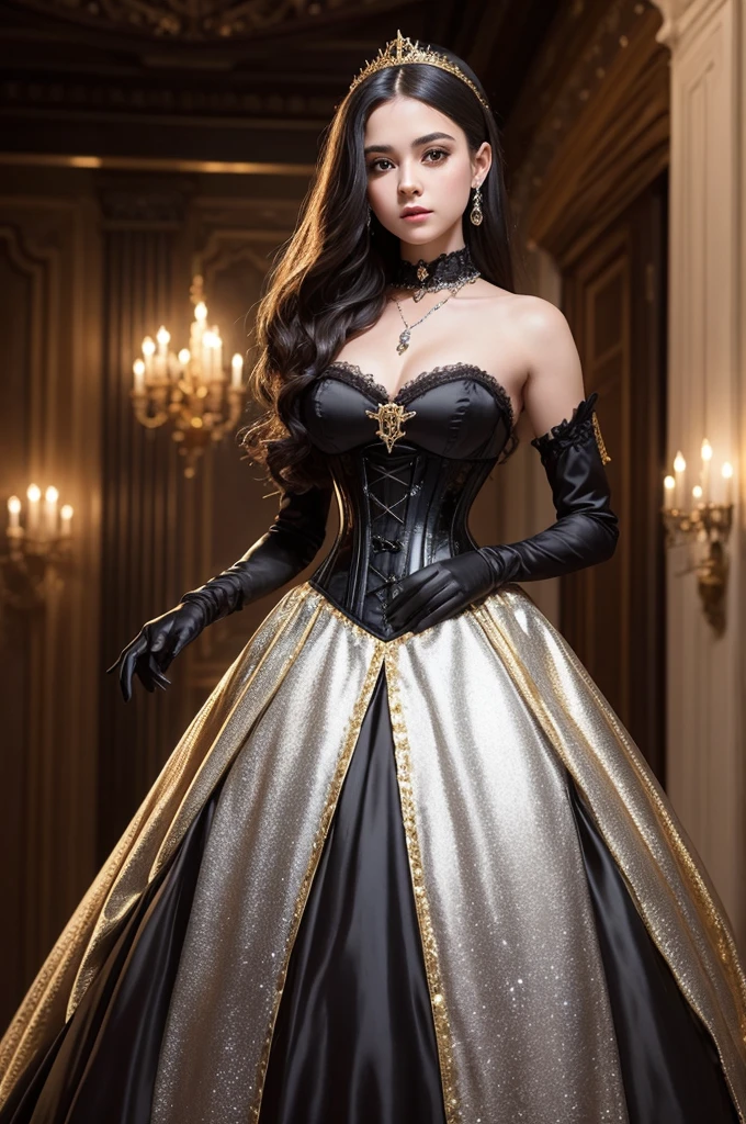 realistic photo of a  girl wearing a beautiful debutante dress with a gothic vampire theme, Luxurious Victorian era style sparkly dress, hairstyle in hair, posing at her XV debutante party with gothic decor inspired by the film Interview with a Vampire, showing the entire environment and her at the back of the scene with her dress in 360 degree vision in colors (silver corset and gold and silver skirt, black gloves) wearing diamond necklace