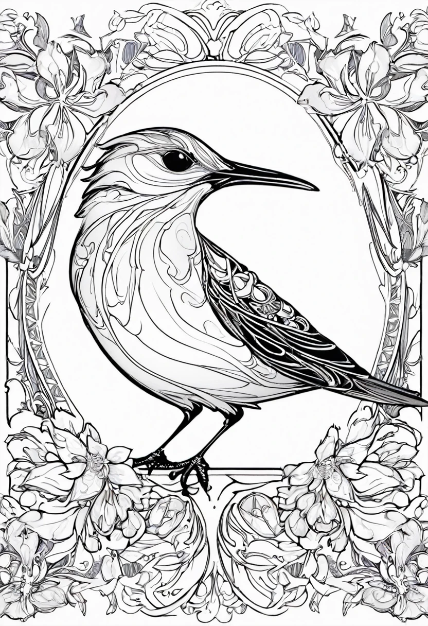 white and black bird with a white background, ploynesian, garden, art for coloring book page, full white background, only use outline, line art, clean line art, mandala for coloring with nature ornaments, simple and clean line art, adorned in Art Nouveau style, with a stroke of Alfons Mucha's brush, perfect details, real