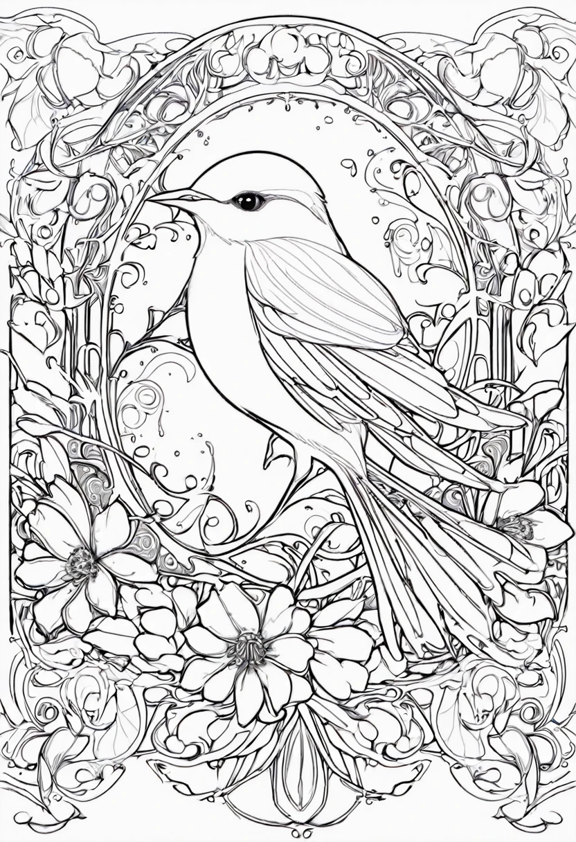 white and black bird with a white background, ploynesian, garden, art for coloring book page, full white background, only use outline, line art, clean line art, mandala for coloring with nature ornaments, simple and clean line art, adorned in Art Nouveau style, with a stroke of Alfons Mucha's brush, perfect details, real