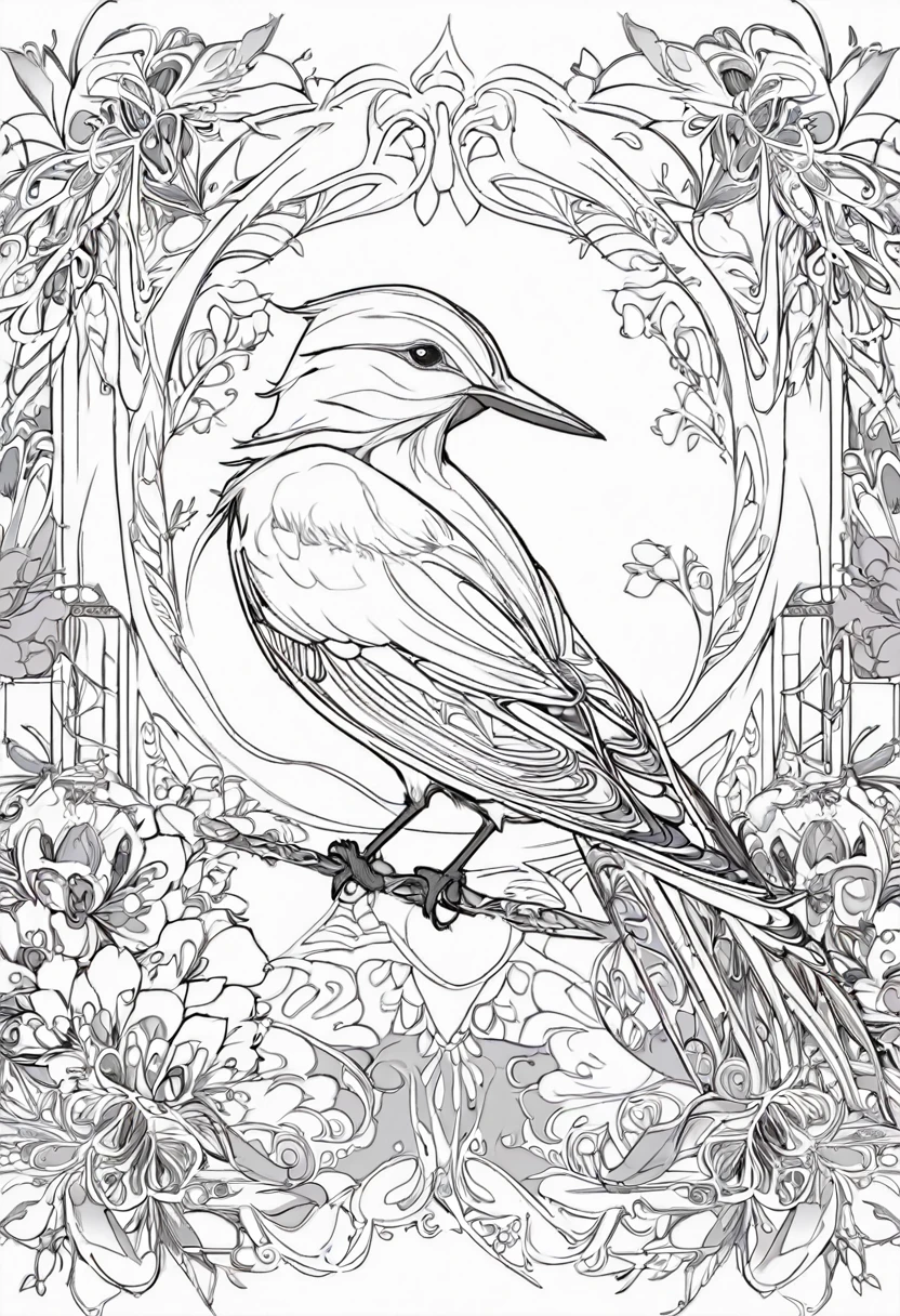 white and black bird with a white background, ploynesian, garden, art for coloring book page, full white background, only use outline, line art, clean line art, mandala for coloring with nature ornaments, simple and clean line art, adorned in Art Nouveau style, with a stroke of Alfons Mucha's brush, perfect details, real