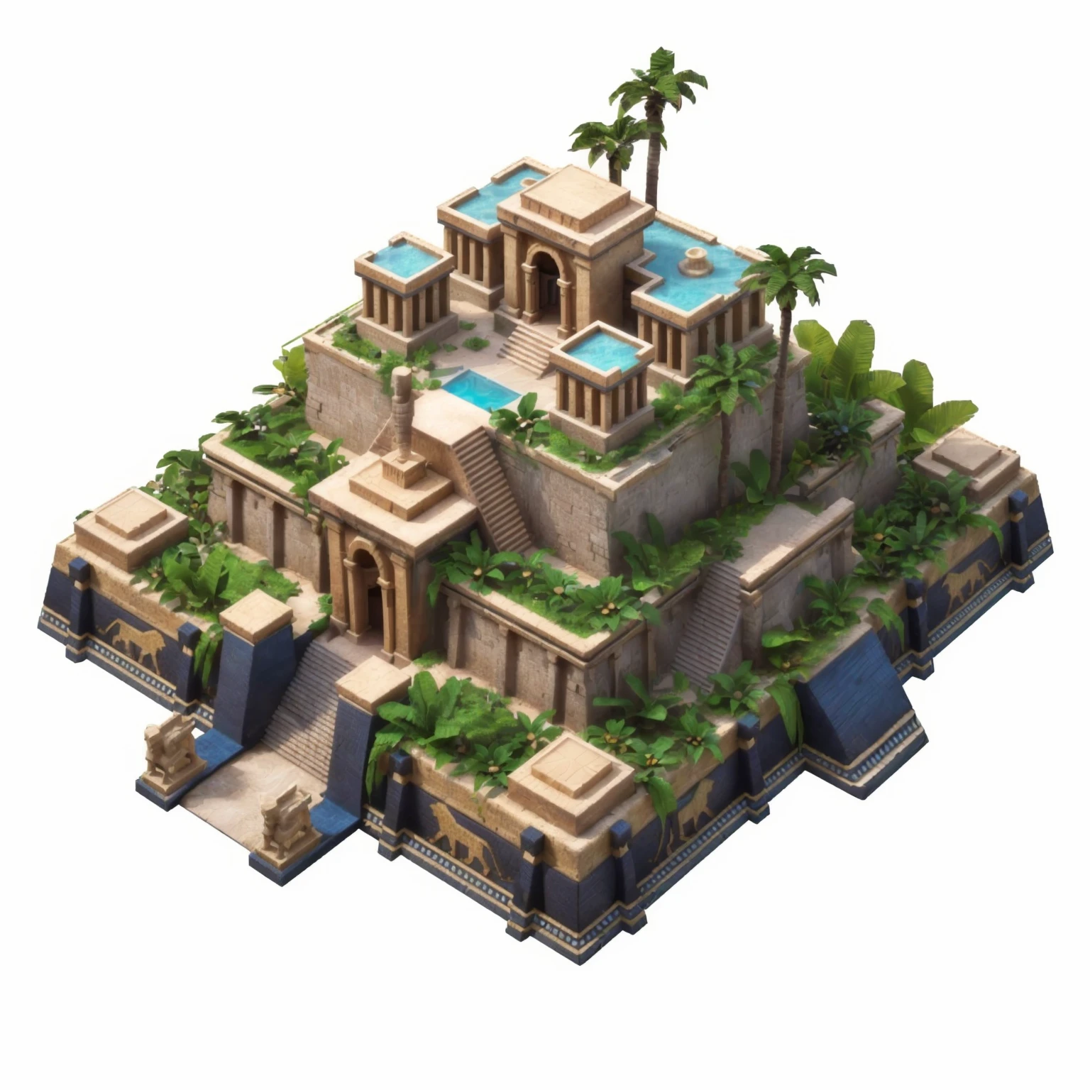 Close up of a small building with a swimming pool and palm trees, Ancient City landscape, isometric palace, Ancient Temple, Ancient City, isometric 8k, 3D rendering style, Isometric game assets, Egyptian Background, Desert Temple, Fortress Megastructure City, Isometric 3d fantasy island, Egyptian Environment, Colorful city, 3D Video Game Rendering