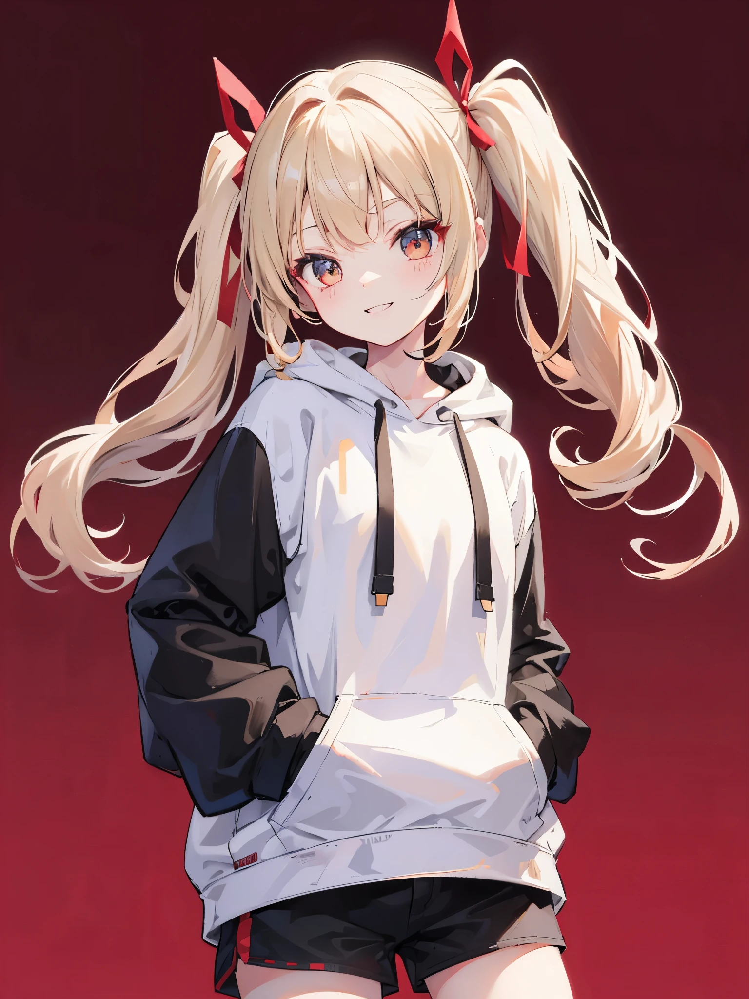 One girl in anime、Beige hair、Eye color red、Twin tails、Simple hair ribbon、Black large hoodie、Shorts、Background white、Simple background、smile、Hands in pockets