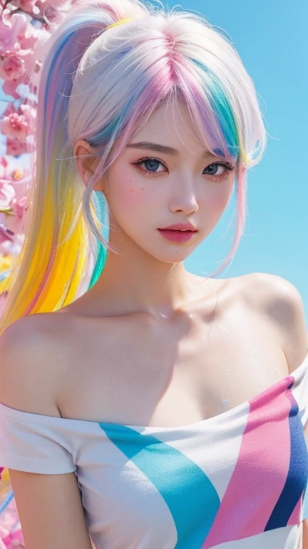 (Pink Fashion T-Shirt:1.9),(colorfulな髪:1.8),(All the colors of the rainbow:1.8),((((Portrait:1.6))),(da pintura:1.6),frontage,Comic Strip,Awareness-raisingn,da pintura,Large Eyes,Crystal Clear,(Rainbow gradient high ponytail:1.7),Delicate Makeup,Keep your mouth shut,Long eyelashes,White Shoulder T-shirt, White shoulder shirt,View your viewers,Big, teary eyes,(Rainbow Hair:1.6), カラーsplash, (alone:1.8), カラーsplash, An explosion of colors, カラーsplash, An explosion of colors, 厚漆Wind,Messy Lines,((The Shining)) ,(colorful), (colorful), (colorful), colorful, Thick paint Style, (splash) (Color splash), Vertical painting, Upper Body, paint splash, Acrylic Pigments, Slope, paint, Best image quality, Best image quality, masterpiece, alone, Depth of written boundary, Face paint, colorful clothes, (Elegance: 1.2), Gorgeous, 長いWhite Hair, Wind, (Elegance: 1.3), (petal: 1.4),(((masterpiece))),(((The best quality at its best))),((Super detailed)),(Awareness-raising),(Dynamic Angle),((Floating King)),(paintwork),((Hair loss)),(alone),(One girl) , (( (Detailed anima face))),((Beautifully detailed face)),first round,Exposed bare shoulders,White Hair,((hair color)),((Striped Hair)),Beautiful attention to detail,(Slope color eyes),(( (Colored eyes))),(((Colored Background))),(((High saturation))),(((Surrounded by colorful splashes))),