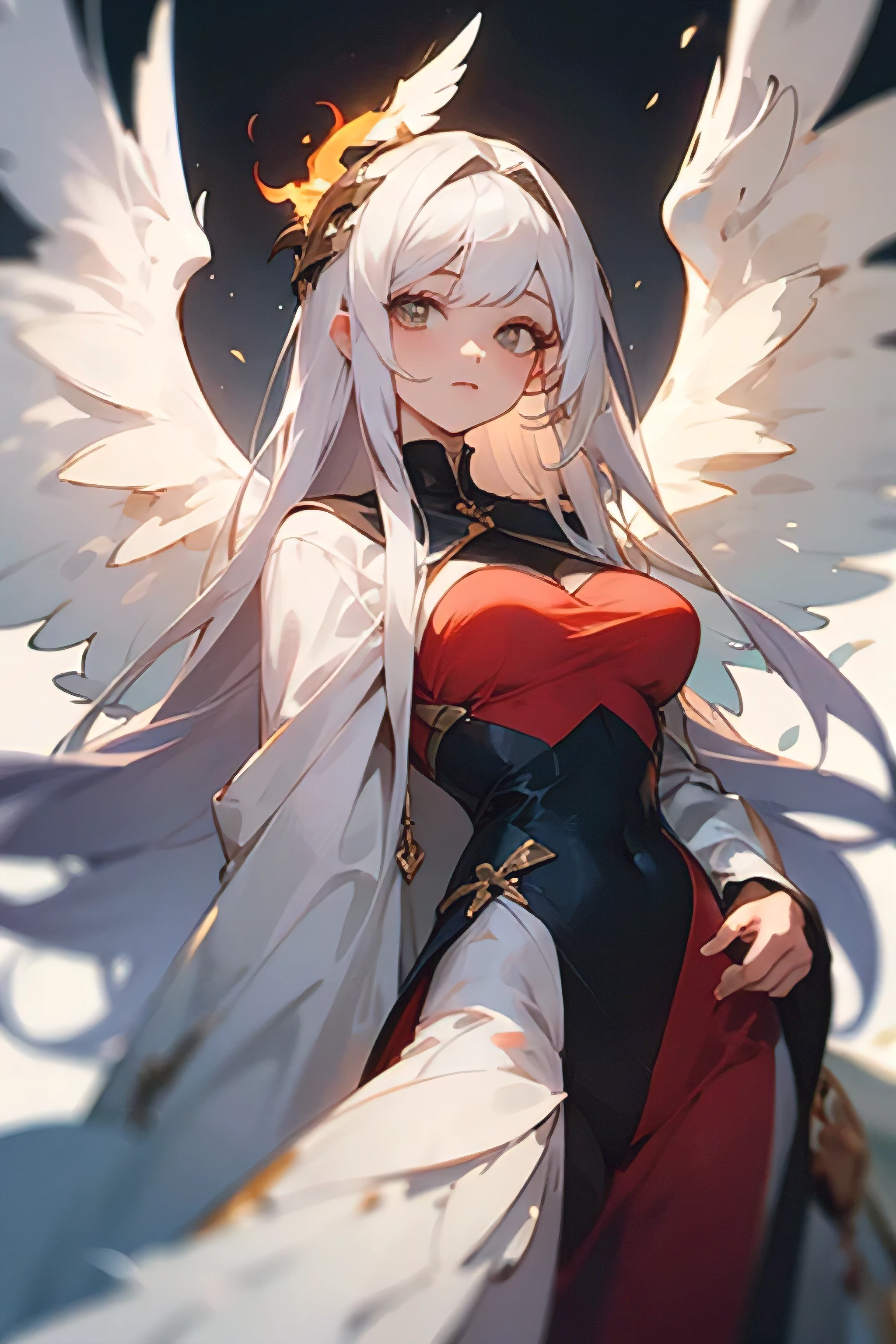 Fire girl with long, beautiful white hair makes it even more luxurious, even more luxurious, makes her look cute, give her wings on her head and decent clothes