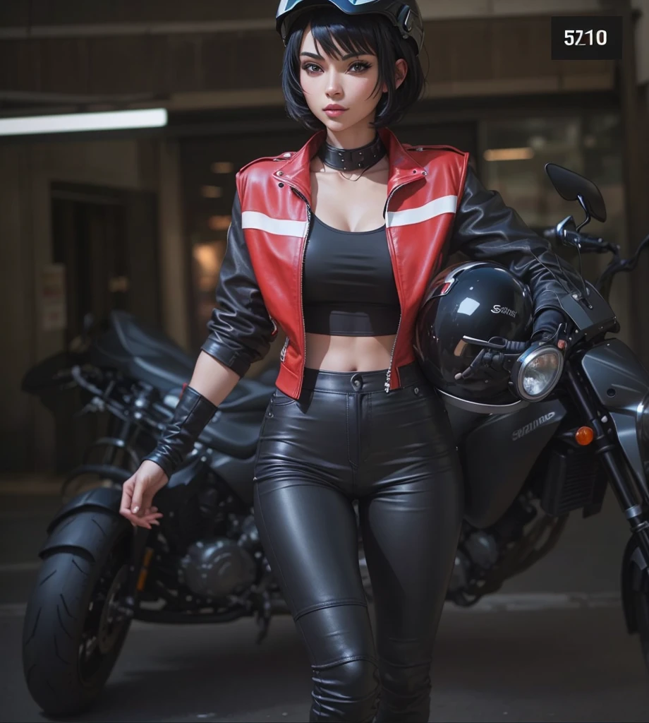 beautiful girl , sexy slim fit body , gorgeous eyes , crop top leather pants, short black hair, carrying a helmet , motorcycle in the background 