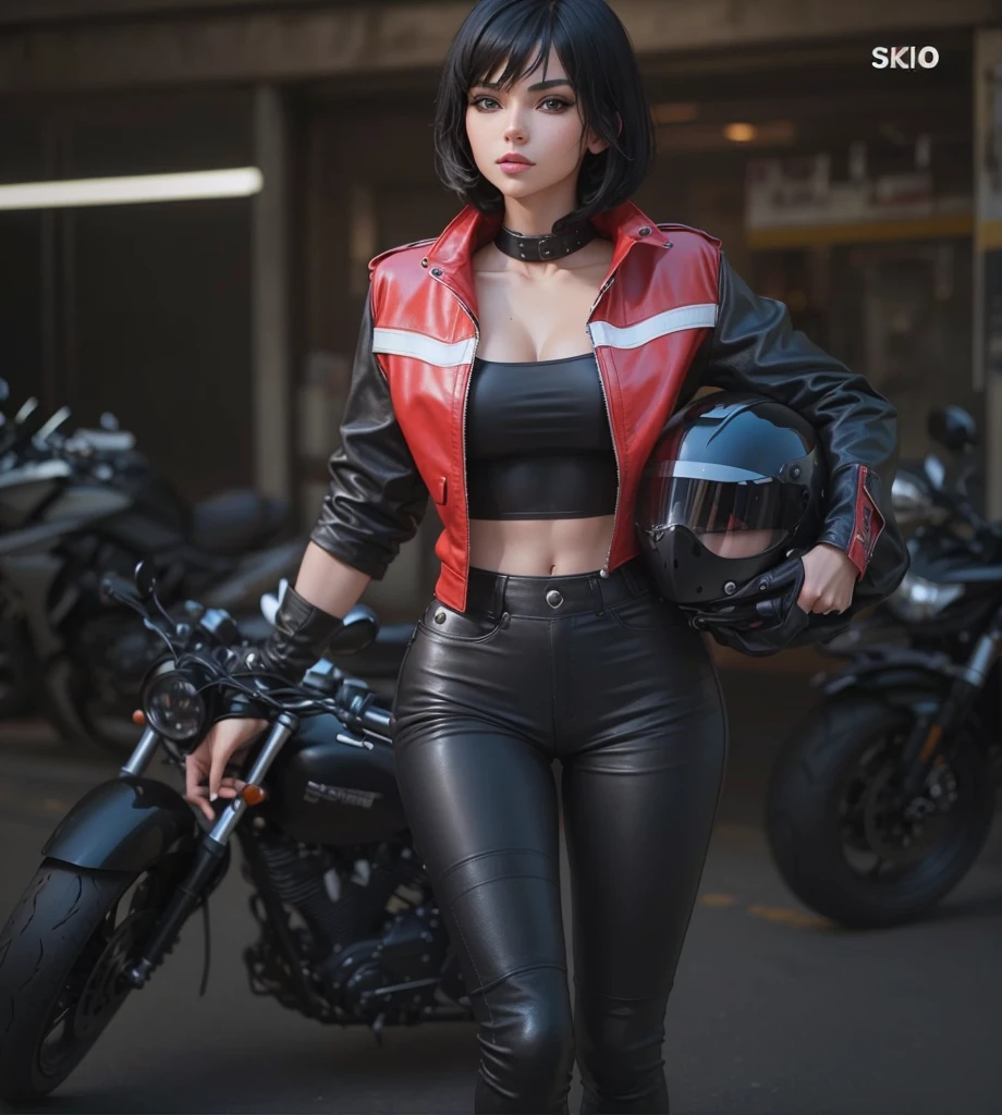 beautiful girl , sexy slim fit body , gorgeous eyes , crop top leather pants, short black hair, carrying a helmet , motorcycle in the background