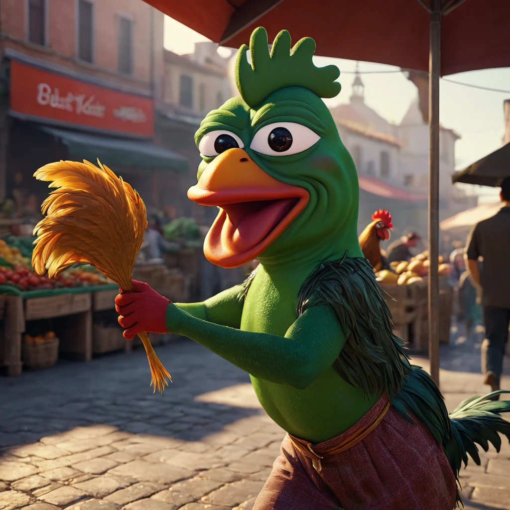 Pepe the frog, ultra detailed, hyperrealistic, 3D render, catching a rooster in the market, dynamic lighting, dramatic shadows, vibrant colors, intricate textures, cinematic composition, masterpiece, photorealistic, 8k, best quality