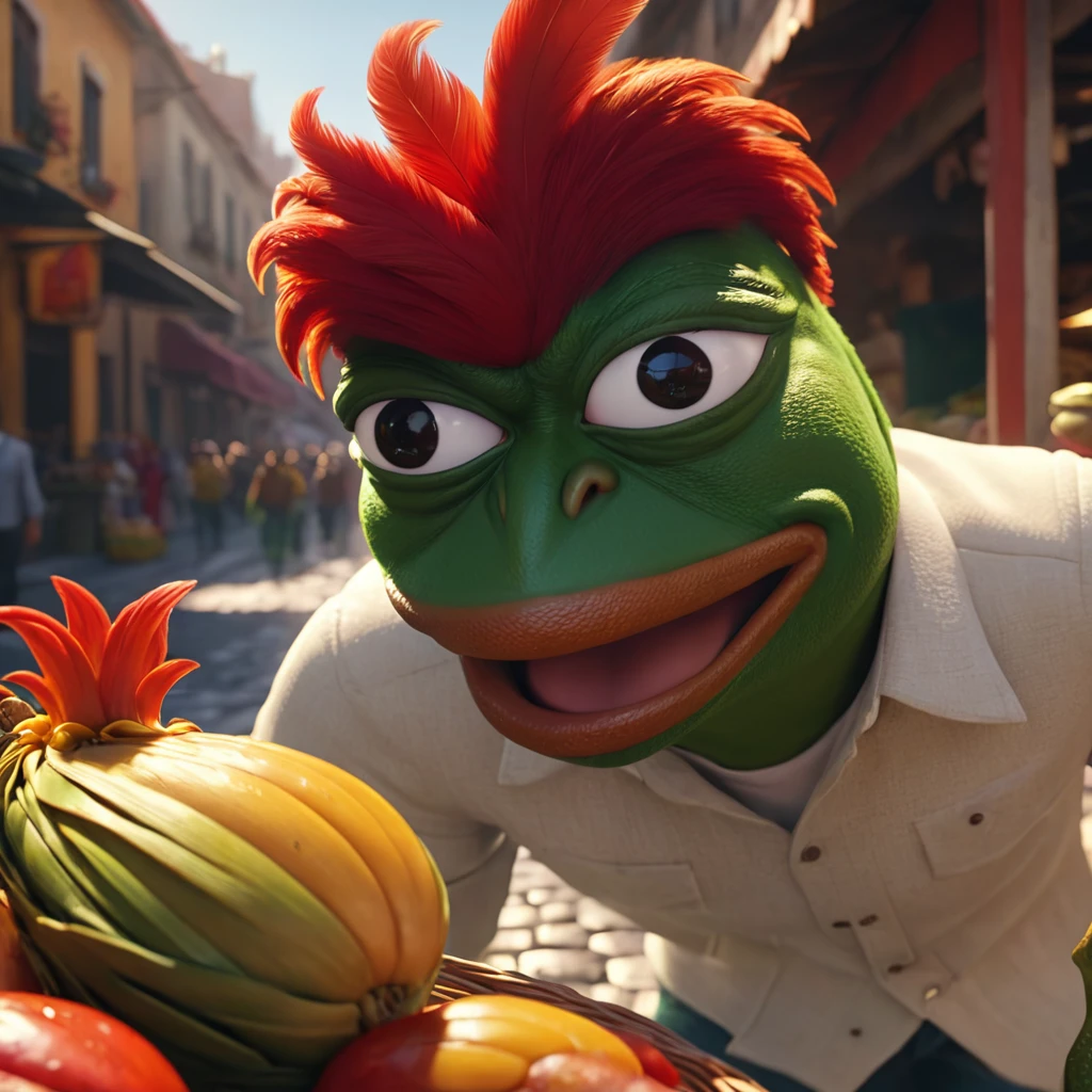 Pepe the frog, ultra detailed, hyperrealistic, 3D render, catching a rooster in the market, dynamic lighting, dramatic shadows, vibrant colors, intricate textures, cinematic composition, masterpiece, photorealistic, 8k, best quality