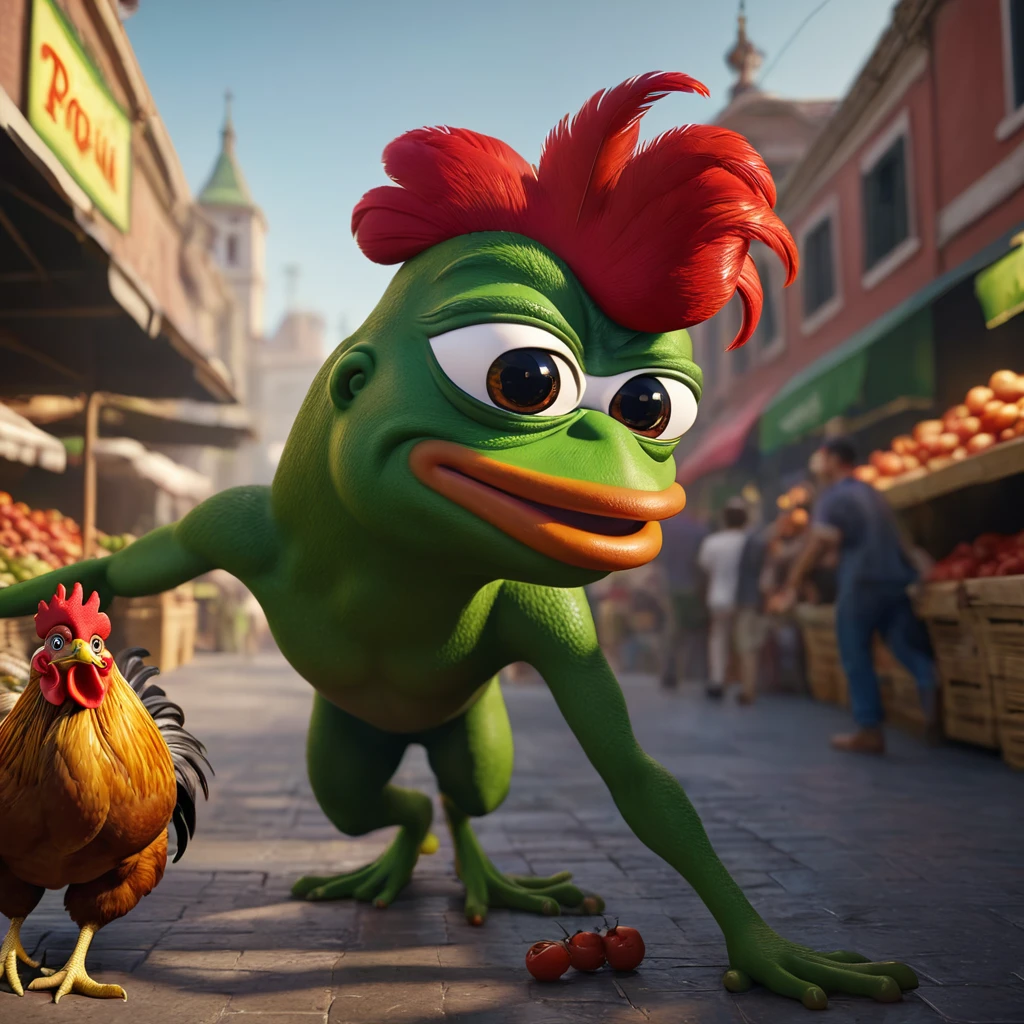 Pepe the frog, ultra detailed, hyperrealistic, 3D render, catching a rooster in the market, dynamic lighting, dramatic shadows, vibrant colors, intricate textures, cinematic composition, masterpiece, photorealistic, 8k, best quality