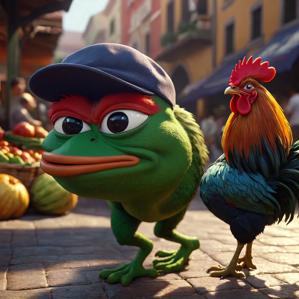 Pepe the frog, ultra detailed, hyperrealistic, 3D render, catching a rooster in the market, dynamic lighting, dramatic shadows, vibrant colors, intricate textures, cinematic composition, masterpiece, photorealistic, 8k, best quality
