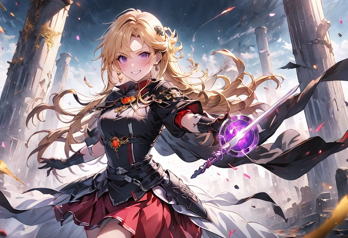 dark persona, Feeling dark energy, ecstasy, looking at viewer, armor, fighting stance, happy, blush, evil grin, black leg armor, knight, long hair, octagonal yin yang mirror, purple eyes, audience, pillars of purple fire, 1 woman, black cape, runes, black dress, Ruined city, gold decoration, Summoning a magic sword, at midnight, gold hair, earring, chains, yin yang, red skirt, beautiful art, depth of field, high res, perfect face, detailed outfit