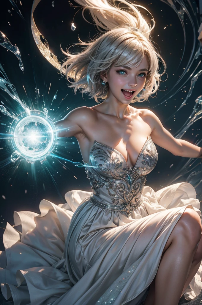 official art, best quality, ultra-detailed, high resolution, unity 8k wallpaper, extremely detailed CG, white skin, short hair, bob cut hair, silver hair, ahoge, shiny hair, shiny skin green eyes, beautiful eyes, medium breasts, ight particles, light sparkles, lens flare, Light particles, Magic light, strong light, gorgeous dress, Princess Dresses, loud laughter, A young lady mocks those of low status