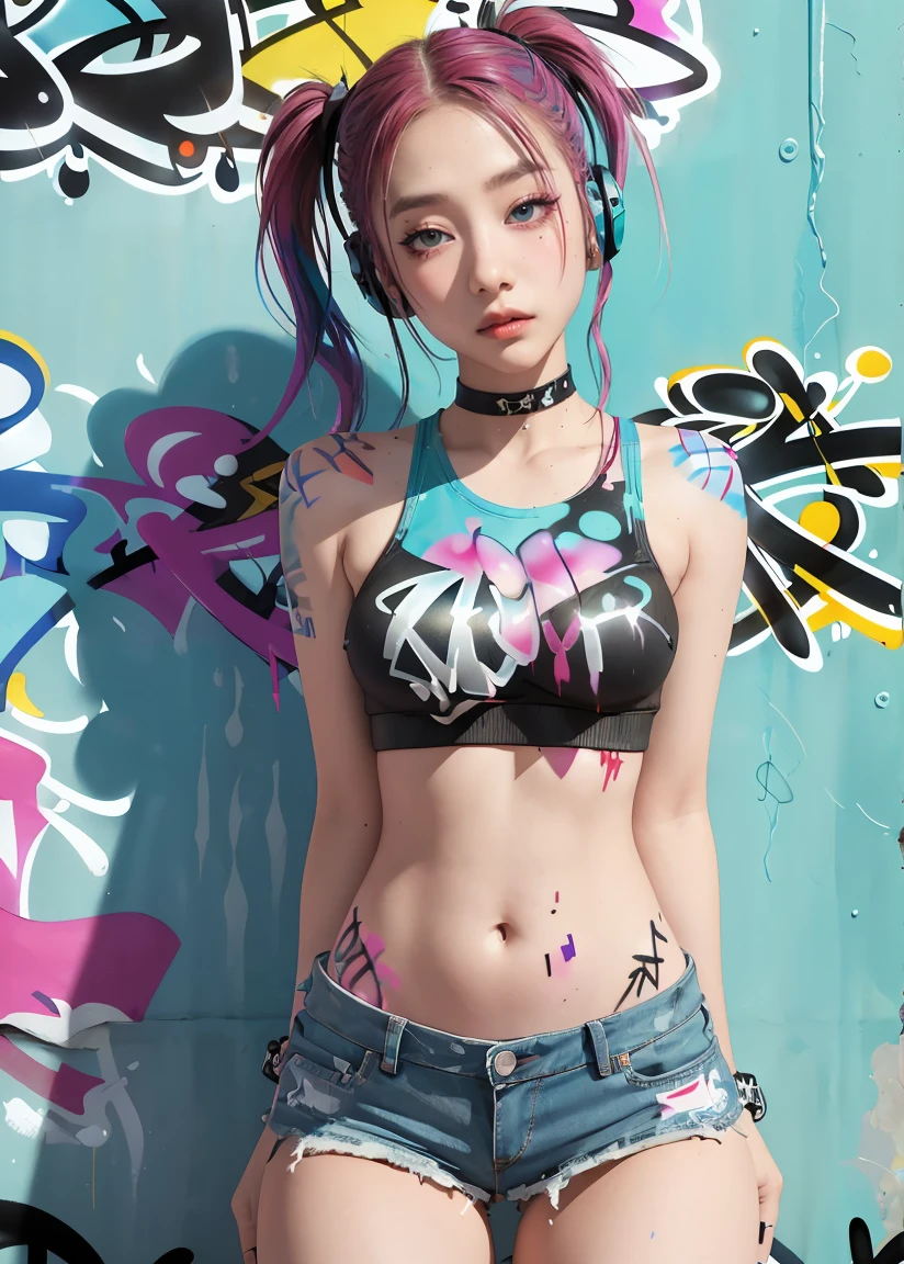 masterpiece, best quality, 1girl, solo, crop top, denim shorts, choker, (graffiti:1.5), paint splatter, arms behind back, against wall, looking at viewer, armband, thigh strap, paint on body, head tilt, bored, multicolored hair, aqua eyes, headset,