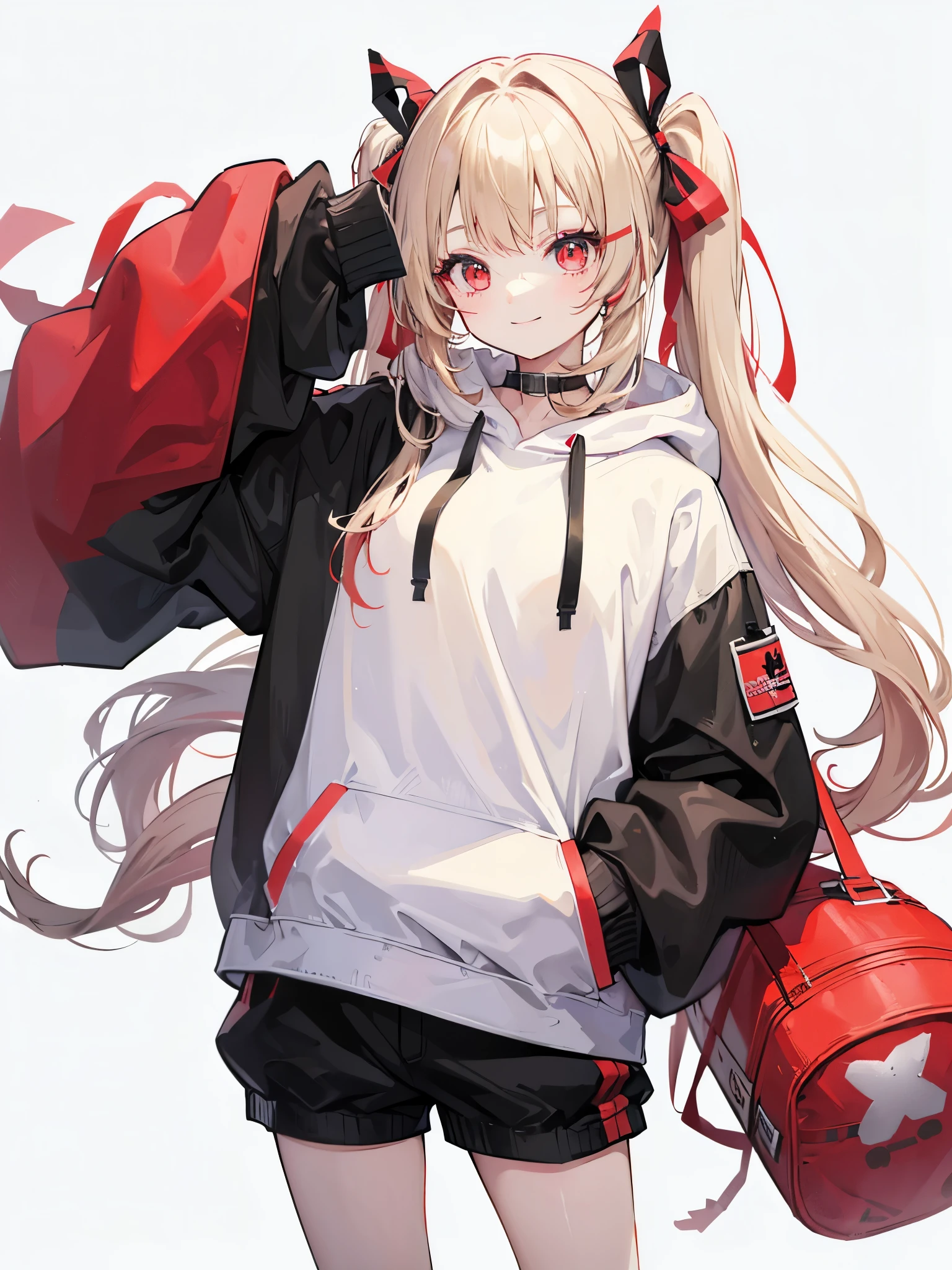 One girl in anime、Beige hair、Eye color red、Twin tails、Simple hair ribbon、Black large hoodie、Shorts、Background white、Simple background、smile、Hands in pockets