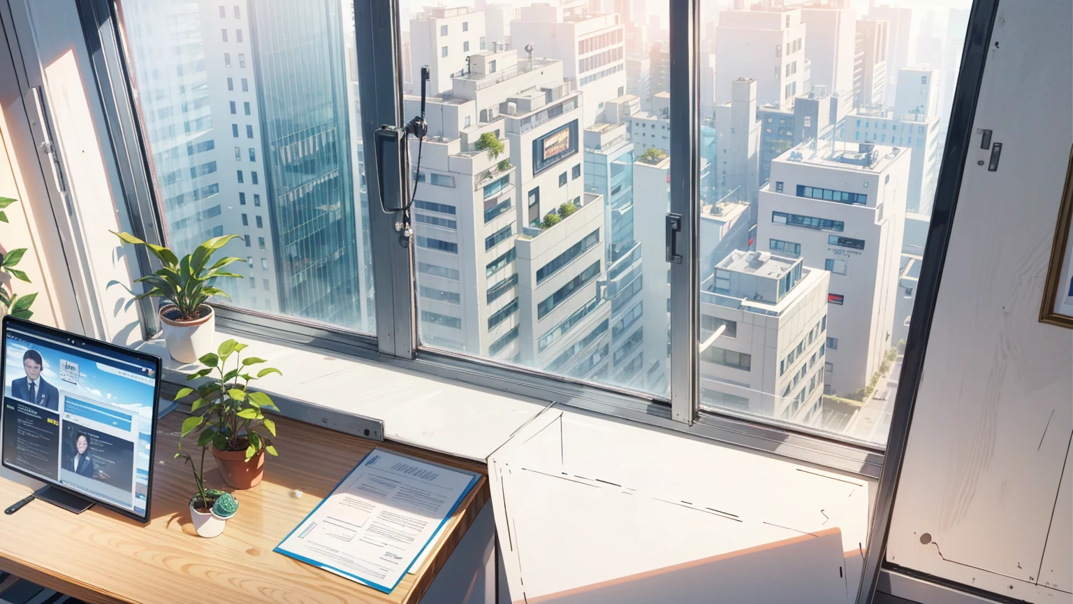 （best quality，masterpiece：1.2，detailed details，4k）， office, president's office, floor-to-ceiling windows, potted plants, computers and documents on the desk, top-down view scene,