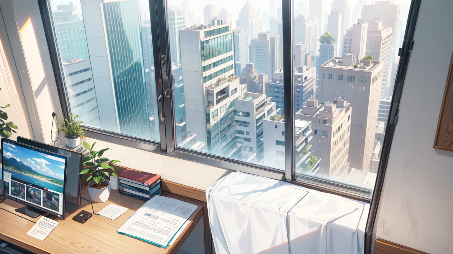 (best quality,masterpiece:1.2,detailed details,4k), office, president's office, floor-to-ceiling windows, potted plants, computers and documents on the desk, top-down view scene,