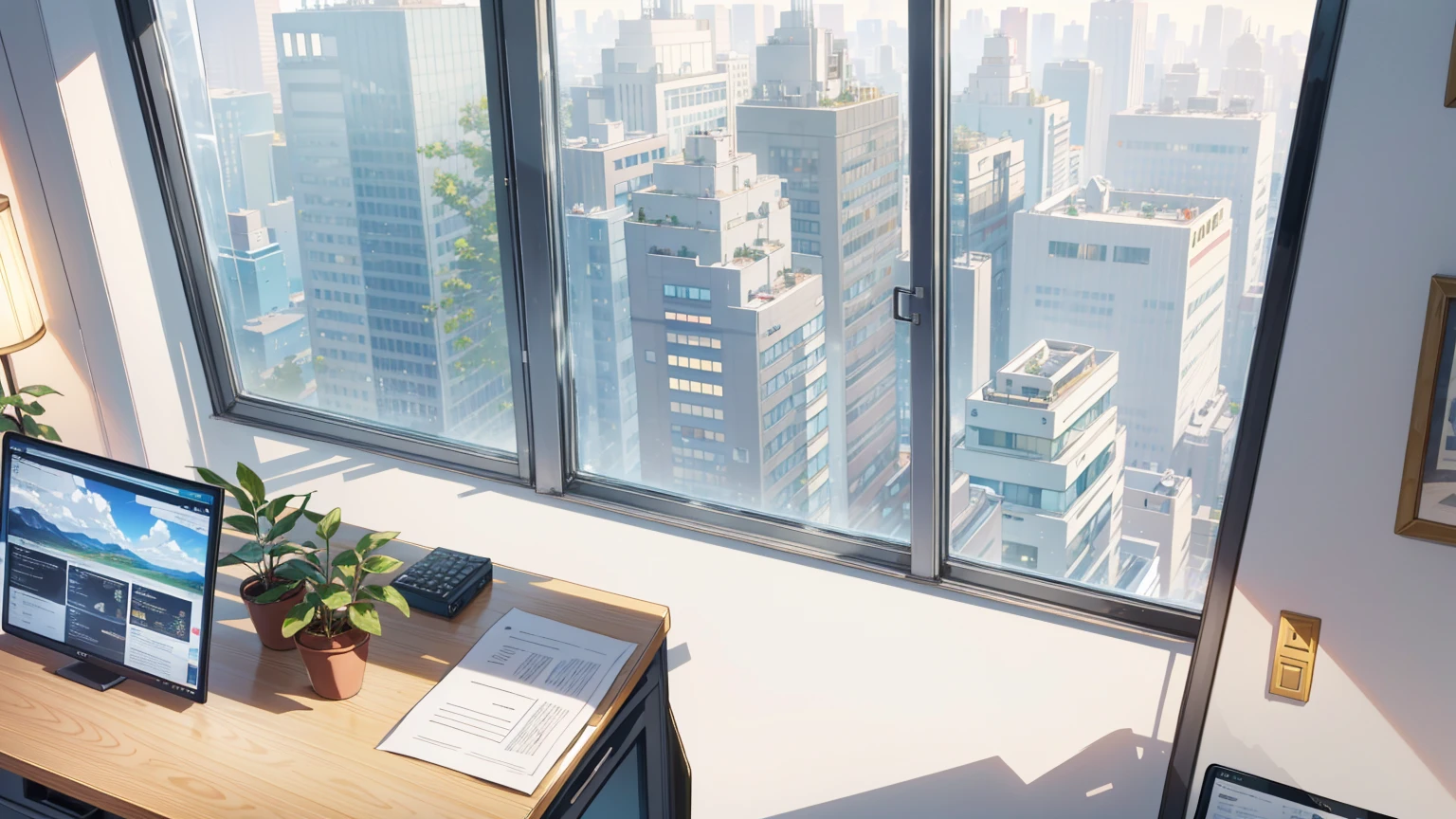 (best quality,masterpiece:1.2,detailed details,4k), office, president's office, floor-to-ceiling windows, potted plants, computers and documents on the desk, top-down view scene,