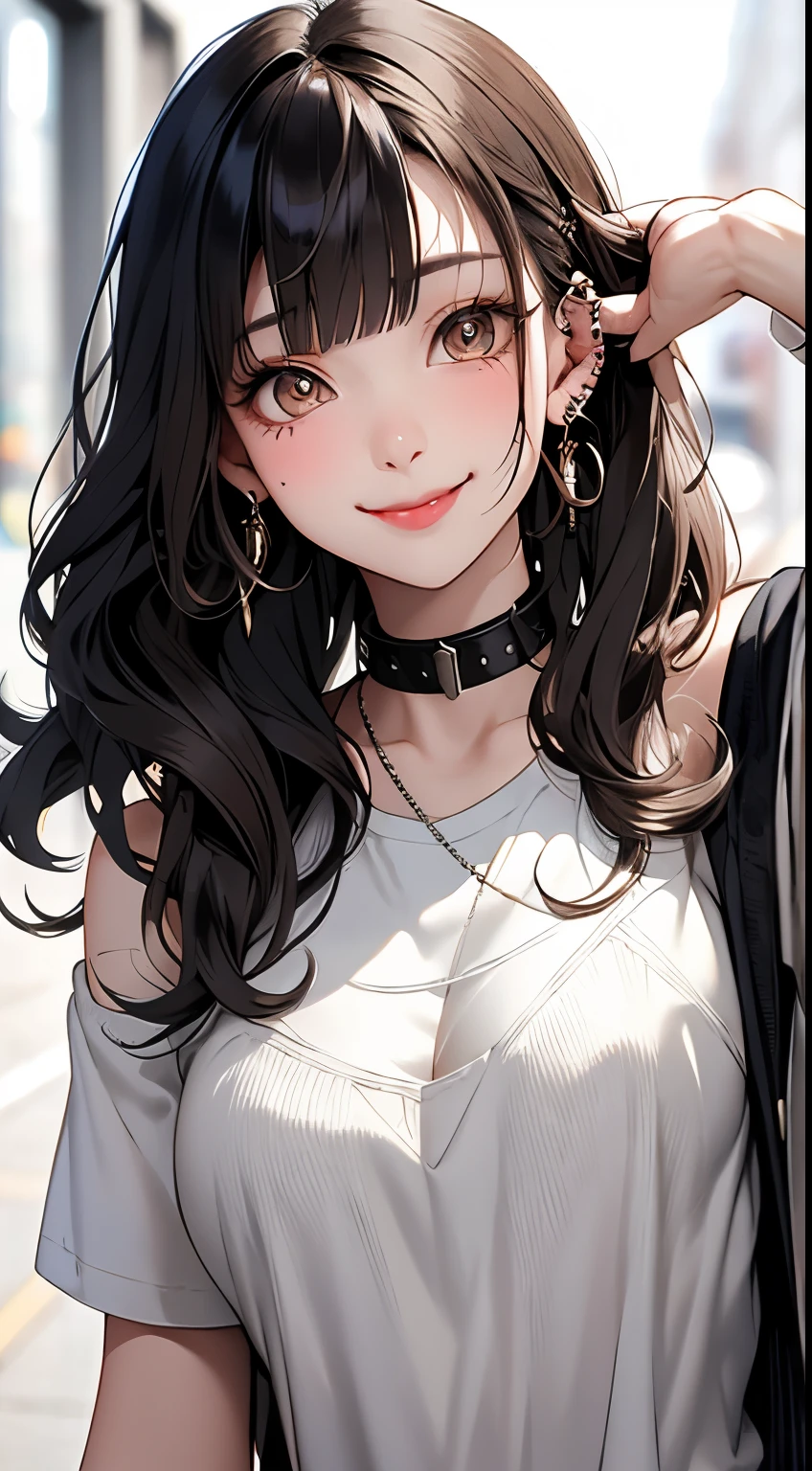 masterpiece, best quality, PIXIV, cool girl, lots of piercings, earrings, dark brown hair, curly hair, blunt bangs, straight bangs, gray eyes, pale skin, gal, gyaru, cute face, sticking out tongue, smile