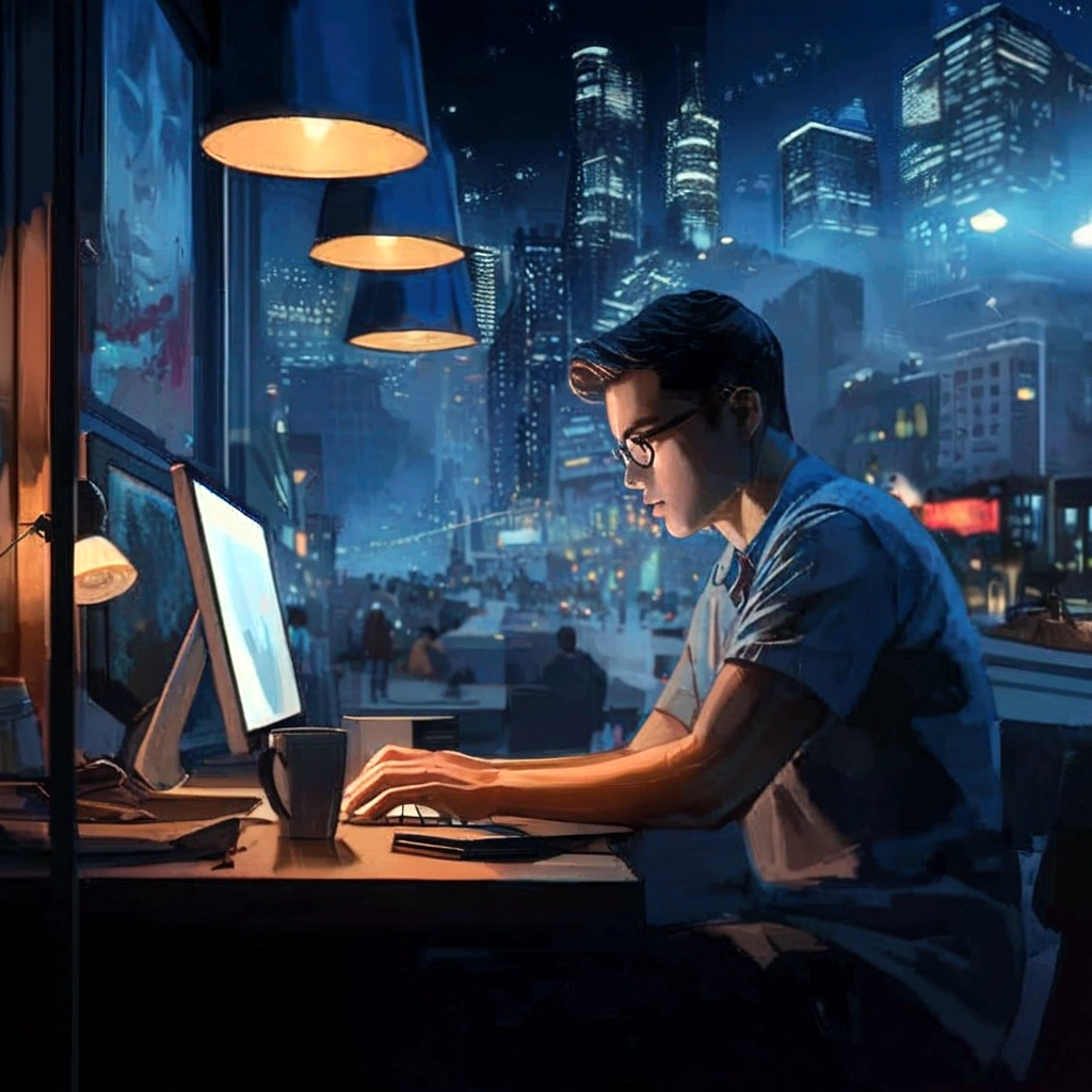 there is a man sitting at a desk using a computer, in front of a computer, beautiful and cinematic lighting, sitting at a computer, programmer, hyperrealistic composition, amazing wallpaper, cyril rolando and goro fujita, sitting in front of computer, night realism, awesome composition, awesome greate composition, inspired by Atey Ghailan