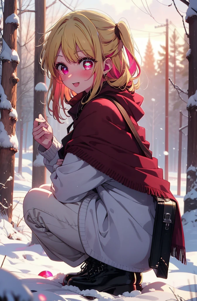 rubyhoshino, Hoshino Ruby, Long Hair, bangs, Blonde, (Pink Eyes:1.3), Side Lock, (Symbol-shaped pupil:1.5), Multicolored Hair, Two-tone hair, smile,,smile,blush,White Breath,
Open your mouth,snow,Ground bonfire, Outdoor, boots, snowing, From the side, wood, suitcase, Cape, Blurred, , forest, White handbag, nature, Squat, Mouth closed, Cape, winter, Written boundary depth, Black shoes, red Cape break looking at viewer, Upper Body, whole body, break Outdoor, forest, nature, break (masterpiece:1.2), Highest quality, High resolution, unity 8k wallpaper, (shape:0.8), (Beautiful and beautiful eyes:1.6), Highly detailed face, Perfect lighting, Highly detailed CG, (Perfect hands, Perfect Anatomy),