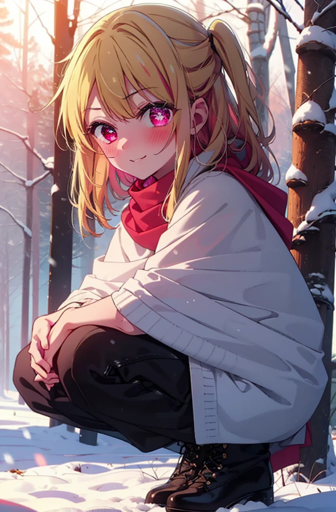 rubyhoshino, Hoshino Ruby, Long Hair, bangs, Blonde, (Pink Eyes:1.3), Side Lock, (Symbol-shaped pupil:1.5), Multicolored Hair, Two-tone hair, smile,,smile,blush,White Breath,
Open your mouth,snow,Ground bonfire, Outdoor, boots, snowing, From the side, wood, suitcase, Cape, Blurred, , forest, White handbag, nature,  Squat, Mouth closed, Cape, winter, Written boundary depth, Black shoes, red Cape break looking at viewer, Upper Body, whole body, break Outdoor, forest, nature, break (masterpiece:1.2), Highest quality, High resolution, unity 8k wallpaper, (shape:0.8), (Beautiful and beautiful eyes:1.6), Highly detailed face, Perfect lighting, Highly detailed CG, (Perfect hands, Perfect Anatomy),