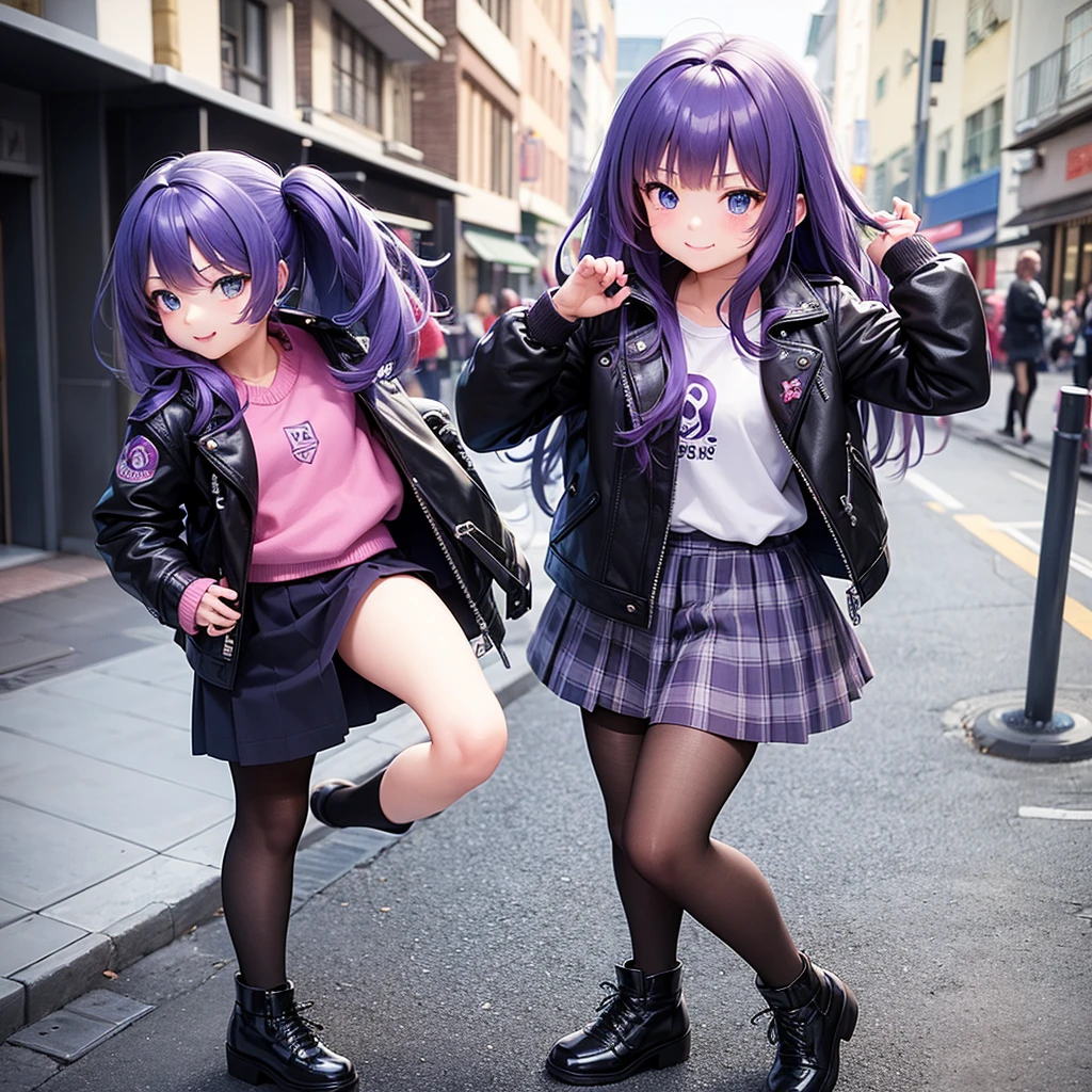 Elementary school girl，smile，Best Quality，8K，Highest quality，cute，fluffy，Angel，Long Hair，leather jacket，blue eyes，美しいcute女の子，Horny girl，Purple hair color，Latest Fashion，Girl，Loli girl，