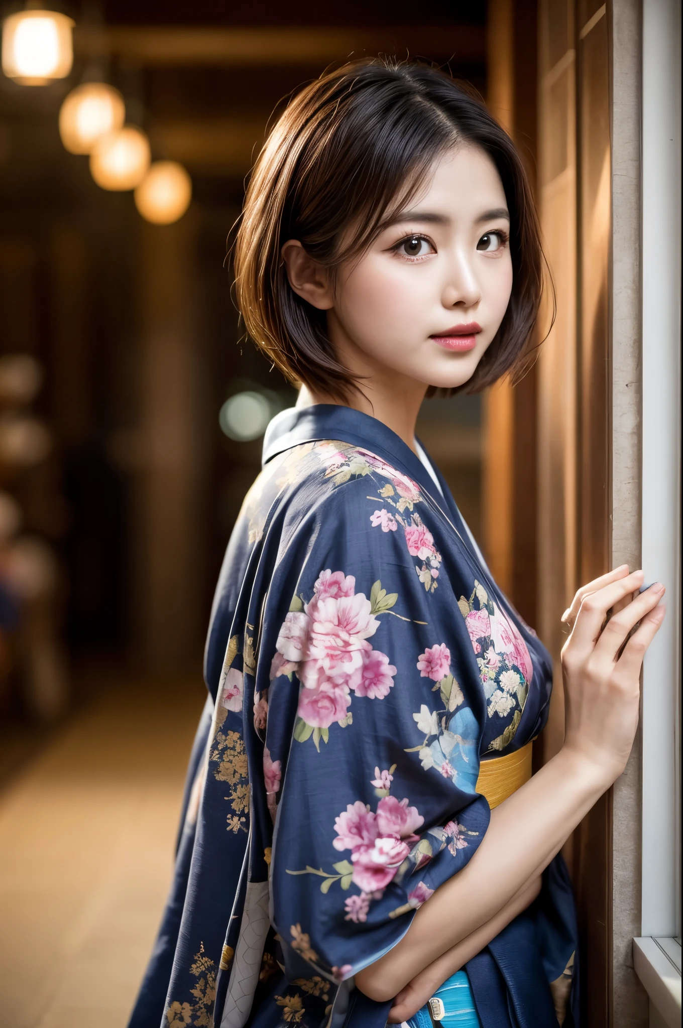 Highest quality, masterpiece, High resolution, One girl, Beautiful and perfect face, One-Length Bob Cut, Japanese Clothing,kimono, Intricate details, Cinematic atmosphere, 8K, Very detailed