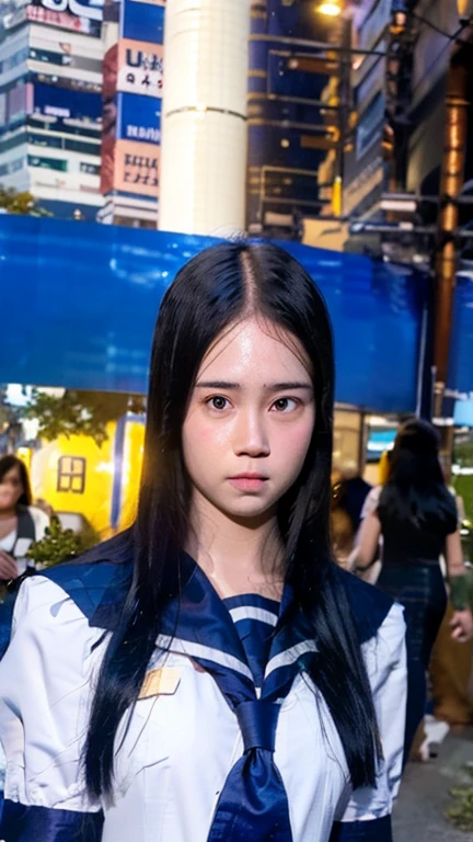 masterpiece, best quality, ultra high res, (photorealistic:1.4), 1girl, the girl wearing black sailor uniform, night, shibuya109 background, storefront, cinematic lighting, 80s filter, detailed face , looking at viewer, front view, cowboy shot, rule of third, photography, raw photo