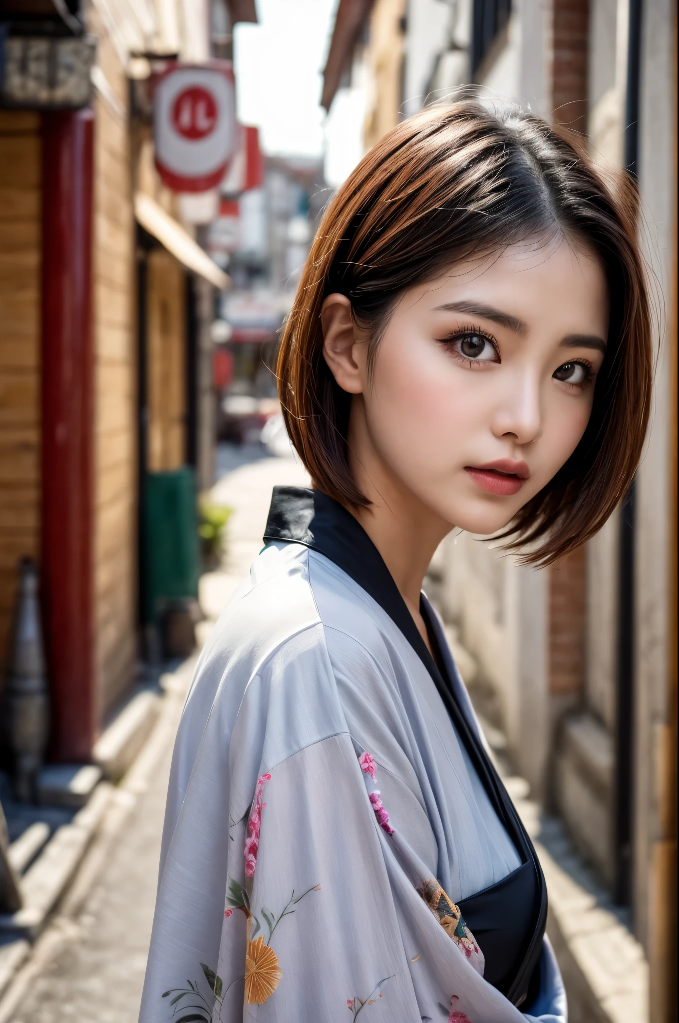 Highest quality, masterpiece, High resolution, One girl, Beautiful and perfect face, One-Length Bob Cut, Japanese Clothing,kimono, Intricate details, Cinematic atmosphere, 8K, Very detailed  